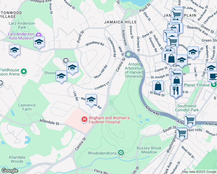 map of restaurants, bars, coffee shops, grocery stores, and more near Centre Street in Boston