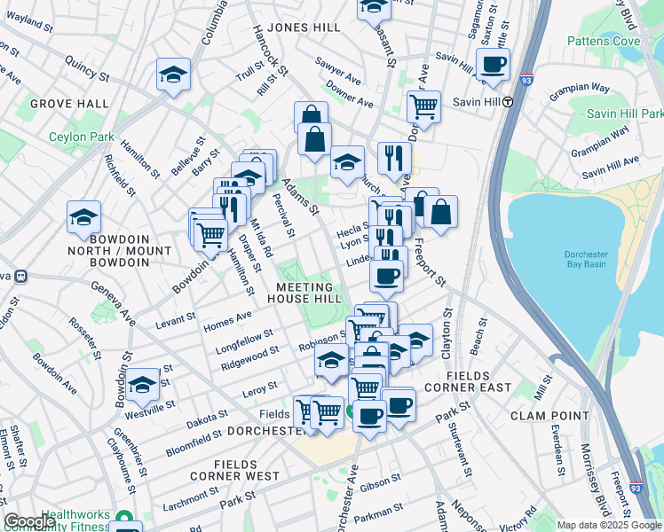 map of restaurants, bars, coffee shops, grocery stores, and more near 20 Juliette Street in Boston