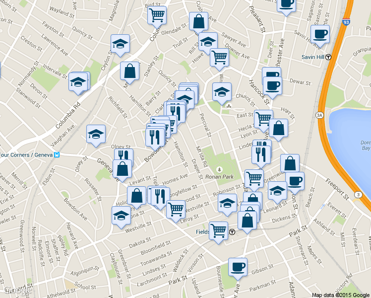 map of restaurants, bars, coffee shops, grocery stores, and more near 133-135 Draper Street in Boston