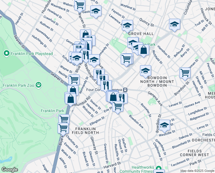 map of restaurants, bars, coffee shops, grocery stores, and more near 150 Columbia Road in Boston