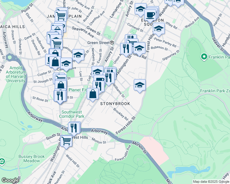 map of restaurants, bars, coffee shops, grocery stores, and more near 3502 Washington Street in Boston