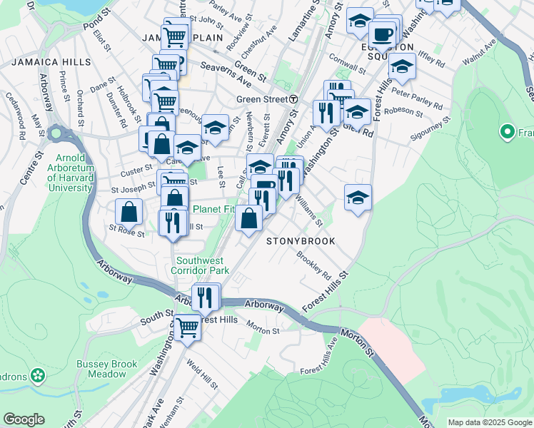 map of restaurants, bars, coffee shops, grocery stores, and more near 144 McBride Street in Boston