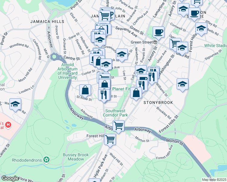 map of restaurants, bars, coffee shops, grocery stores, and more near 47 McBride Street in Boston