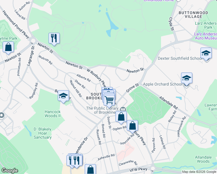 map of restaurants, bars, coffee shops, grocery stores, and more near 1075 West Roxbury Parkway in Brookline