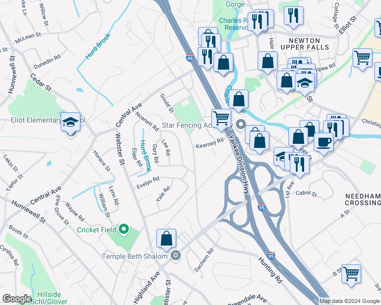 map of restaurants, bars, coffee shops, grocery stores, and more near 107 Gould Street in Needham