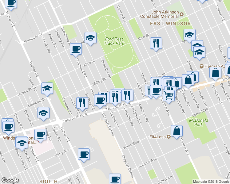 map of restaurants, bars, coffee shops, grocery stores, and more near in Windsor
