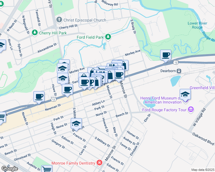 map of restaurants, bars, coffee shops, grocery stores, and more near 22074 Michigan Avenue in Dearborn
