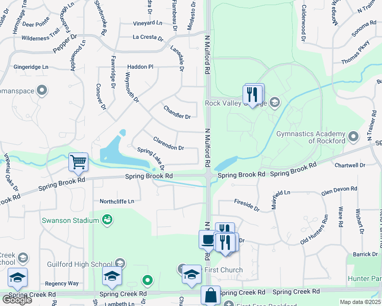 map of restaurants, bars, coffee shops, grocery stores, and more near 5924 Clarendon Drive in Rockford