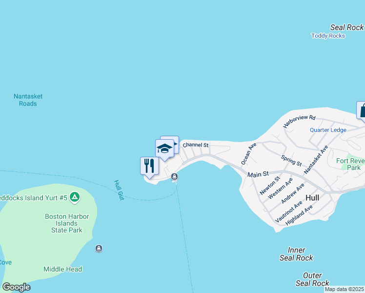 map of restaurants, bars, coffee shops, grocery stores, and more near 44 Channel Street in Hull