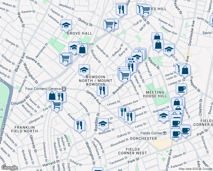 map of restaurants, bars, coffee shops, grocery stores, and more near 66 Richfield Street in Boston