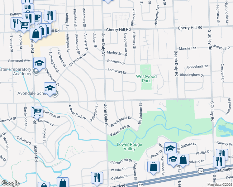 map of restaurants, bars, coffee shops, grocery stores, and more near 26482 Monticello Street in Inkster