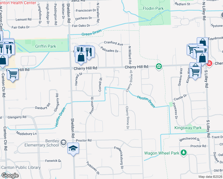 map of restaurants, bars, coffee shops, grocery stores, and more near 280 Cherry Grove Road in Canton