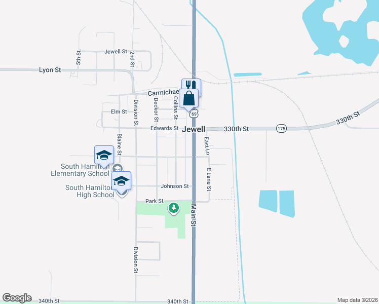 map of restaurants, bars, coffee shops, grocery stores, and more near 521 Main Street in Jewell