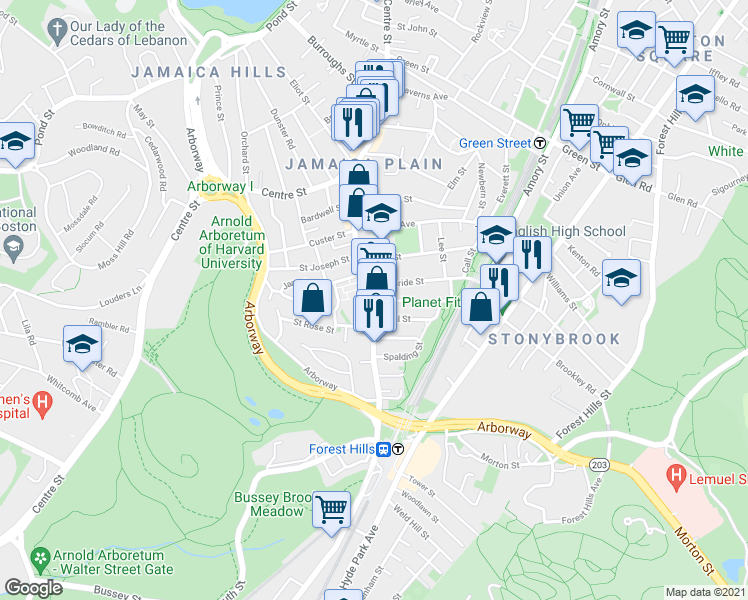 map of restaurants, bars, coffee shops, grocery stores, and more near South Street & Boynton Street in Boston