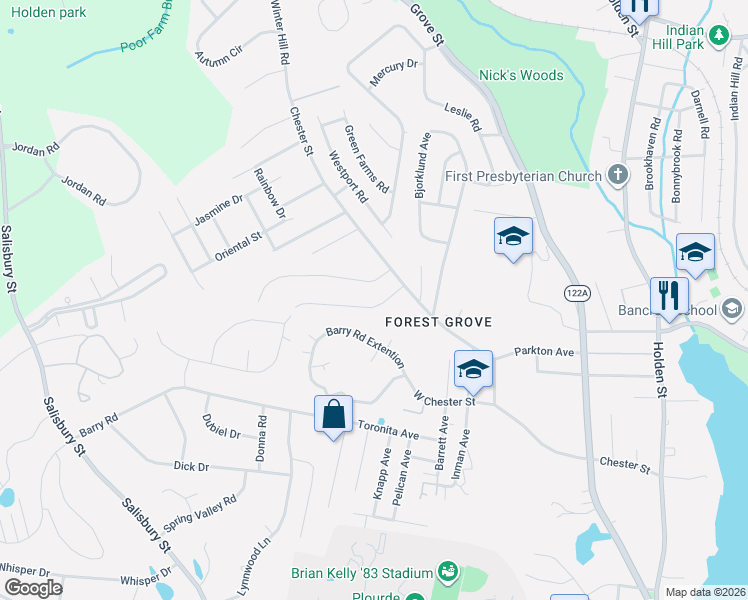map of restaurants, bars, coffee shops, grocery stores, and more near 5 Laurelwood Drive in Worcester