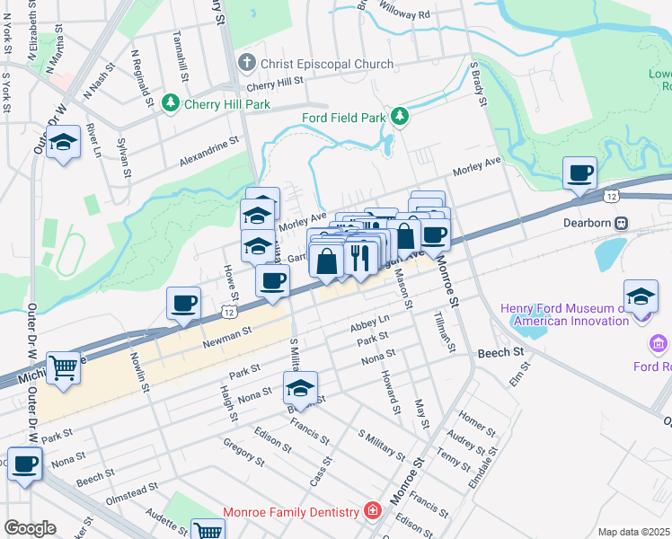map of restaurants, bars, coffee shops, grocery stores, and more near 921 Howard Street in Dearborn