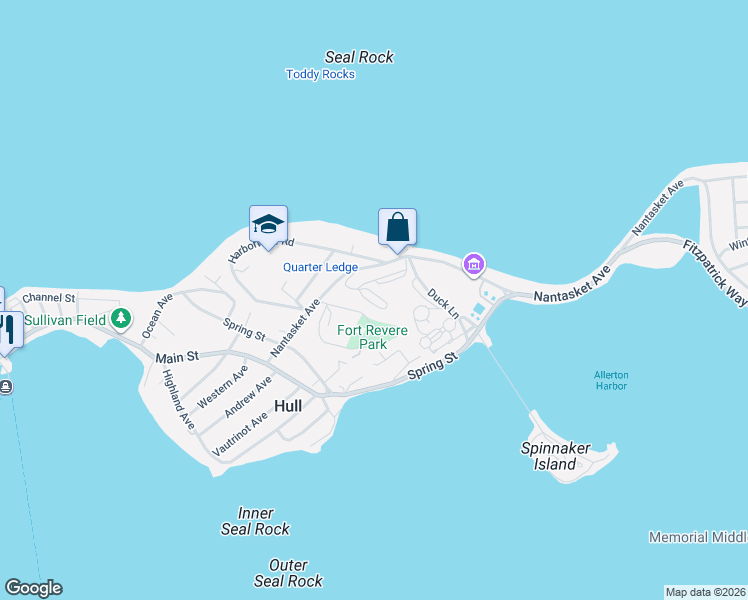 map of restaurants, bars, coffee shops, grocery stores, and more near 1179 Nantasket Avenue in Hull