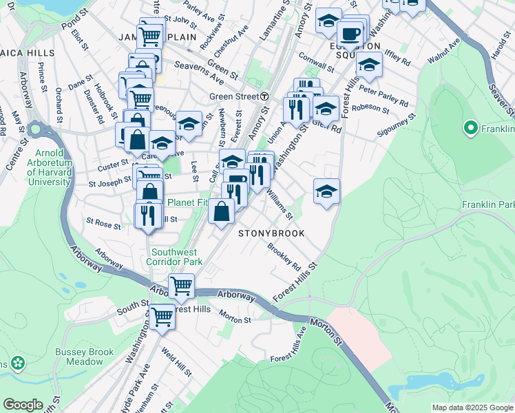 map of restaurants, bars, coffee shops, grocery stores, and more near 3502 Washington Street in Boston