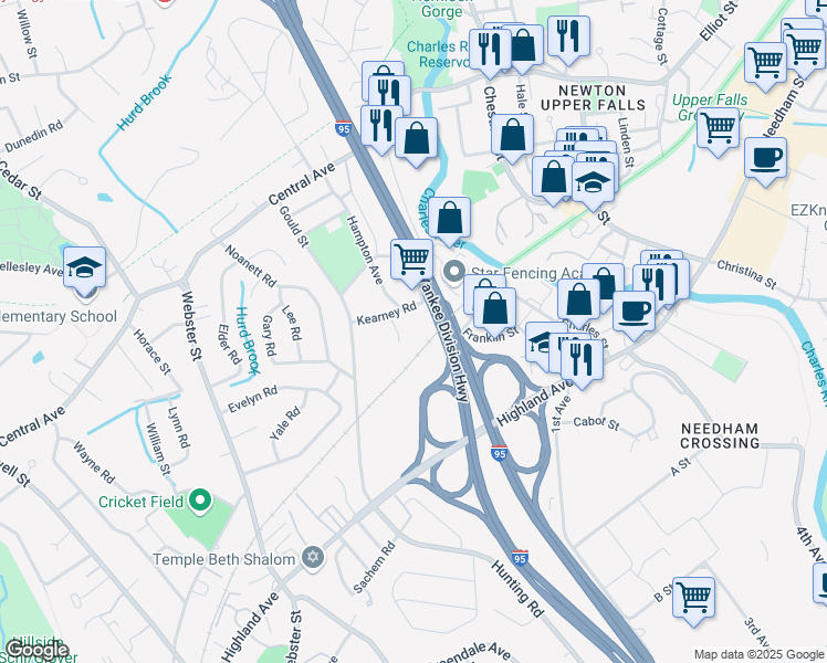 map of restaurants, bars, coffee shops, grocery stores, and more near 144 Gould Street in Needham