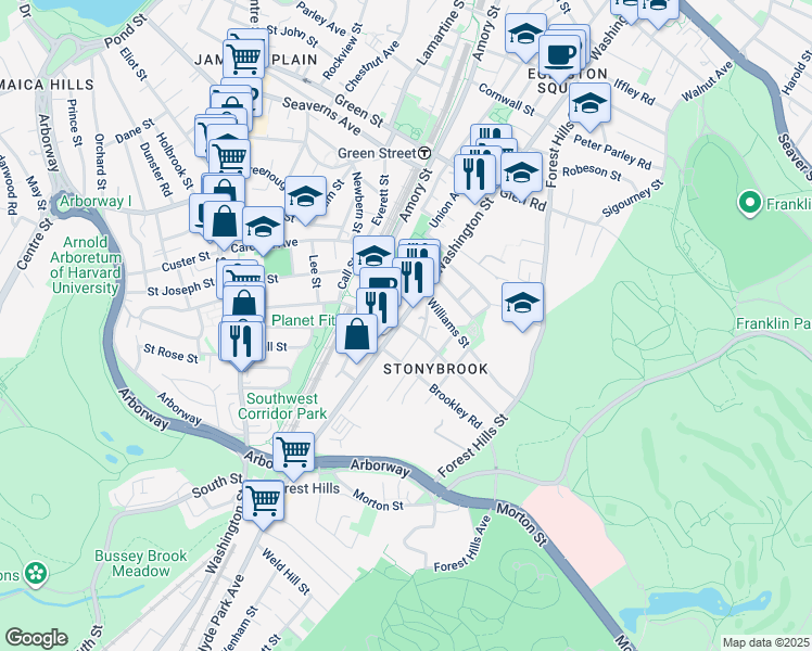 map of restaurants, bars, coffee shops, grocery stores, and more near 3520 Washington Street in Boston