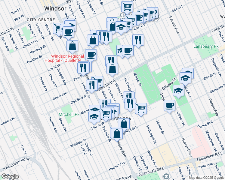 map of restaurants, bars, coffee shops, grocery stores, and more near 1242 Goyeau Street in Windsor