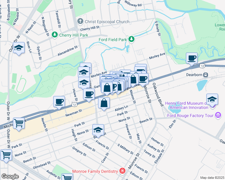 map of restaurants, bars, coffee shops, grocery stores, and more near 921 Howard Street in Dearborn