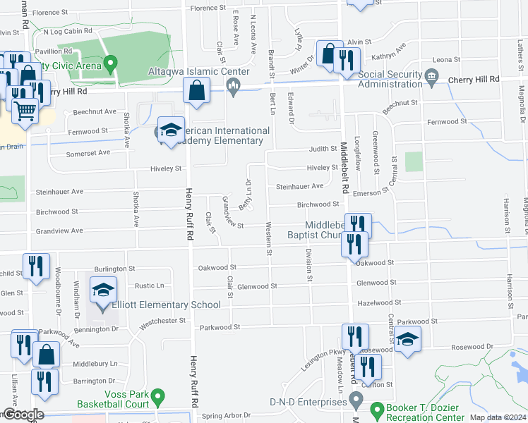 map of restaurants, bars, coffee shops, grocery stores, and more near 714 Western Street in Inkster