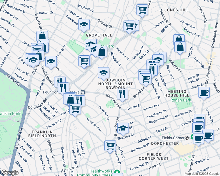 map of restaurants, bars, coffee shops, grocery stores, and more near 85 Olney Street in Boston