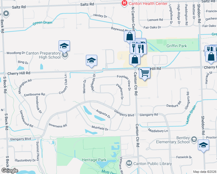 map of restaurants, bars, coffee shops, grocery stores, and more near 259 Pinehurst Drive in Canton