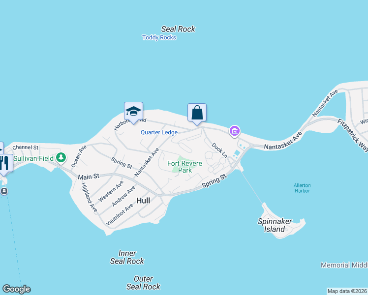 map of restaurants, bars, coffee shops, grocery stores, and more near 1167 Nantasket Avenue in Hull