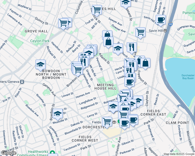 map of restaurants, bars, coffee shops, grocery stores, and more near 38 Fox Street in Boston