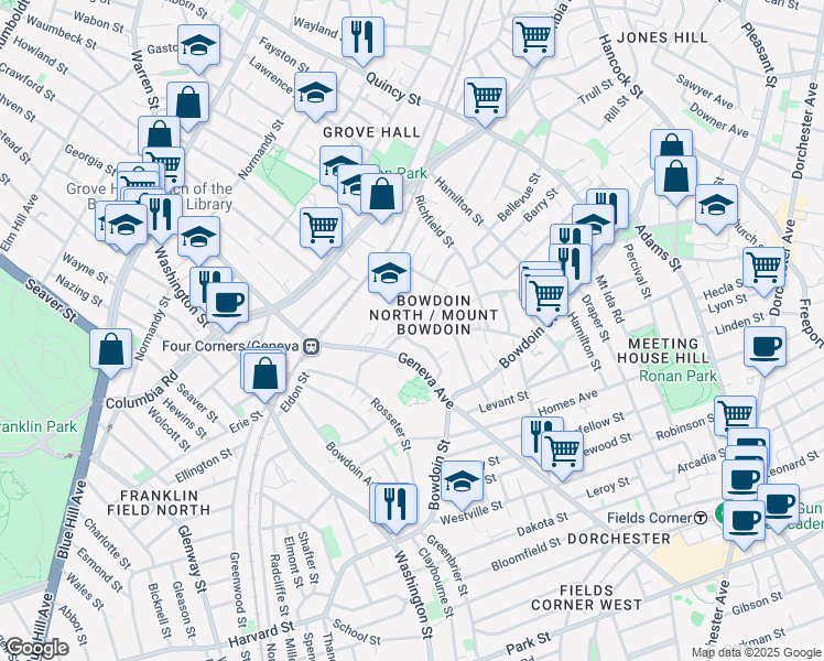 map of restaurants, bars, coffee shops, grocery stores, and more near 85 Olney Street in Boston