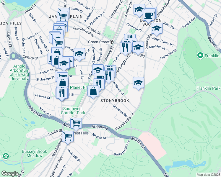 map of restaurants, bars, coffee shops, grocery stores, and more near 3502 Washington Street in Boston