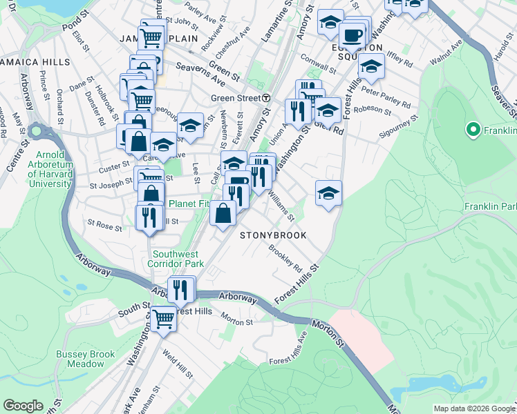 map of restaurants, bars, coffee shops, grocery stores, and more near 3502 Washington Street in Boston