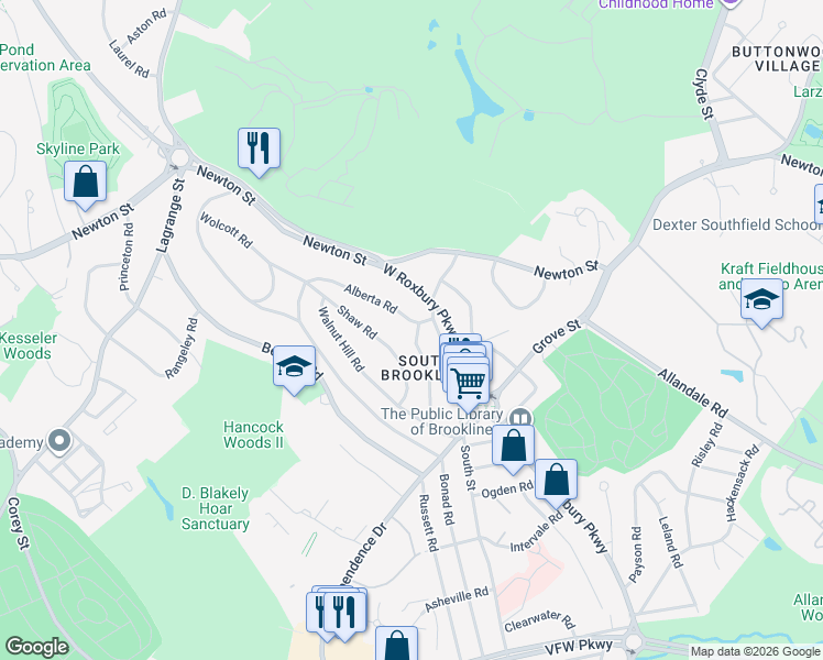 map of restaurants, bars, coffee shops, grocery stores, and more near 15 Alberta Road in Brookline
