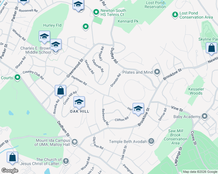 map of restaurants, bars, coffee shops, grocery stores, and more near 148 Cynthia Road in Newton