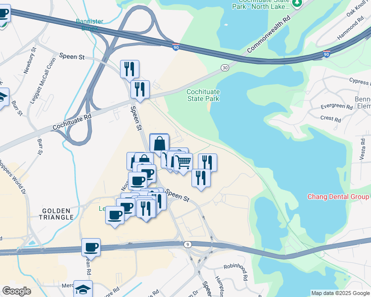map of restaurants, bars, coffee shops, grocery stores, and more near 3 Chrysler Road in Natick
