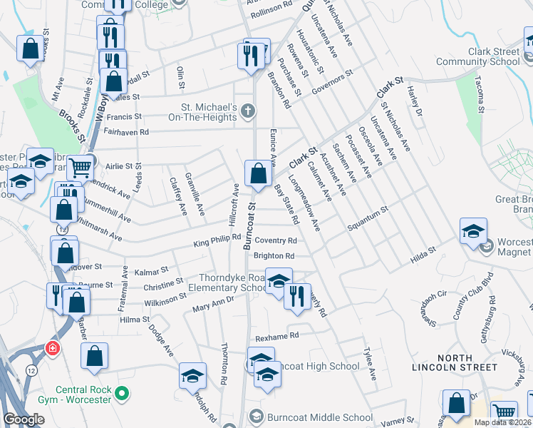 map of restaurants, bars, coffee shops, grocery stores, and more near 11 Devens Road in Worcester