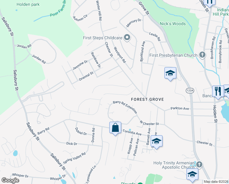 map of restaurants, bars, coffee shops, grocery stores, and more near 15 Laurelwood Drive in Worcester