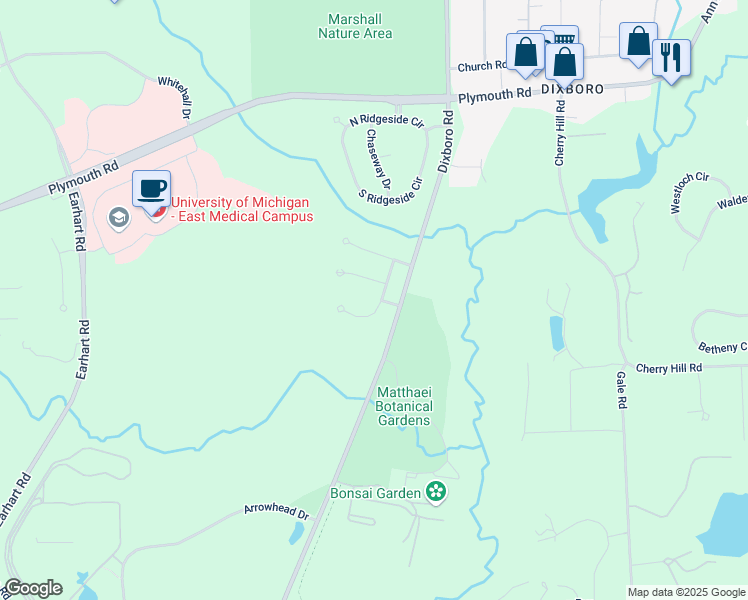 map of restaurants, bars, coffee shops, grocery stores, and more near 2414 Parkside Drive in Ann Arbor
