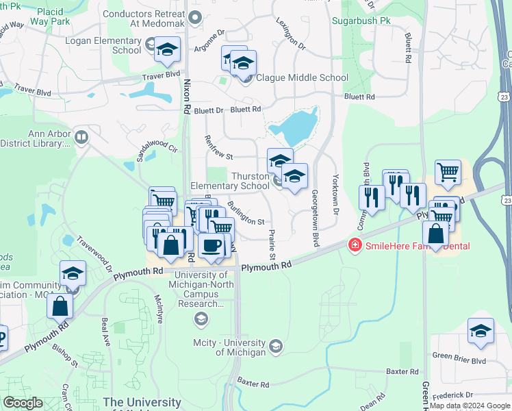 map of restaurants, bars, coffee shops, grocery stores, and more near 2970 Aurora Street in Ann Arbor