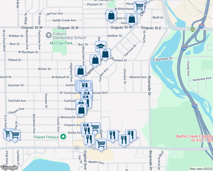 map of restaurants, bars, coffee shops, grocery stores, and more near 5 Lasalle Street in Battle Creek