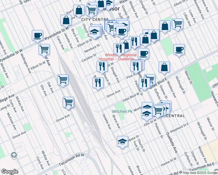 map of restaurants, bars, coffee shops, grocery stores, and more near 1105 Church Street in Windsor