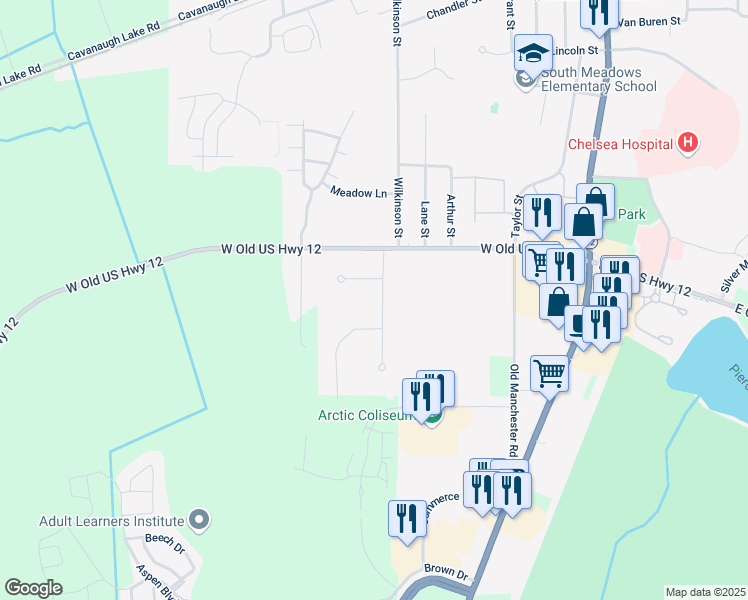 map of restaurants, bars, coffee shops, grocery stores, and more near 1121 Gene Drive in Chelsea