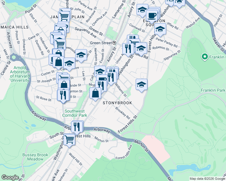 map of restaurants, bars, coffee shops, grocery stores, and more near 3502 Washington Street in Boston