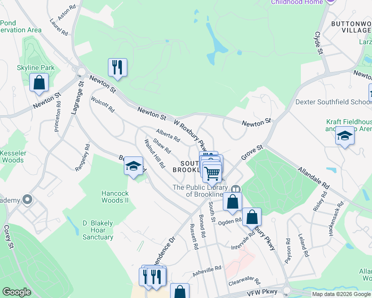 map of restaurants, bars, coffee shops, grocery stores, and more near 15 Alberta Road in Brookline