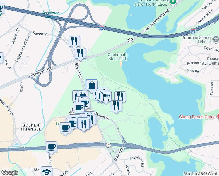 map of restaurants, bars, coffee shops, grocery stores, and more near 5 Chrysler Road in Natick