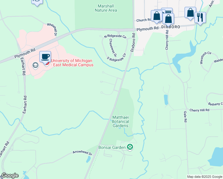 map of restaurants, bars, coffee shops, grocery stores, and more near 2414 Parkside Drive in Ann Arbor