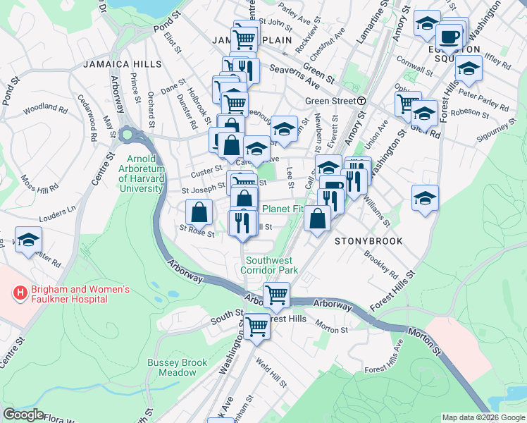 map of restaurants, bars, coffee shops, grocery stores, and more near 26 Boynton Street in Boston