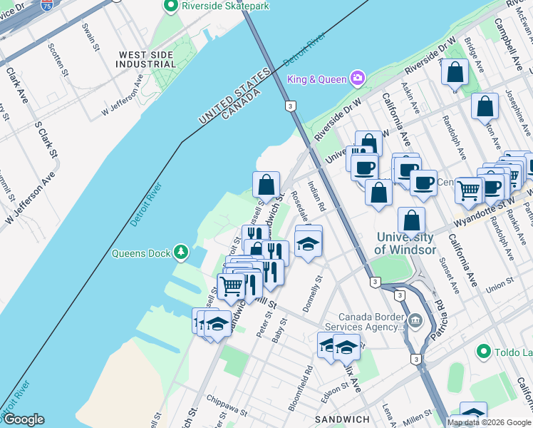 map of restaurants, bars, coffee shops, grocery stores, and more near in Windsor